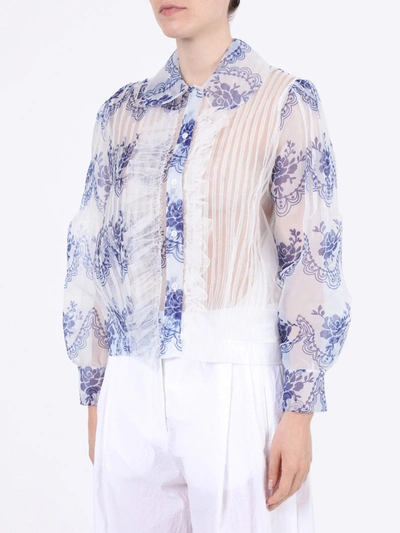 Shop Simone Rocha White And Blue Sheer Ruffled Blouse