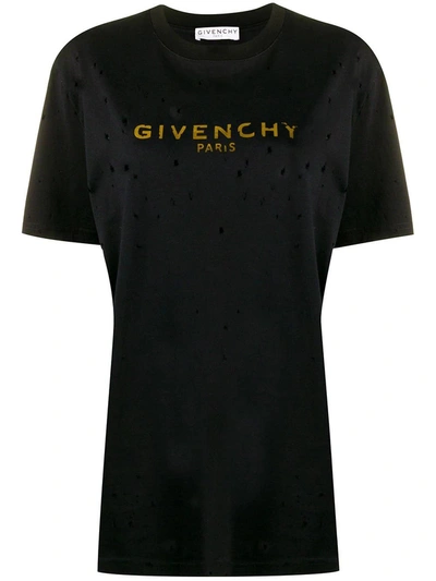 Shop Givenchy Black & Gold Distressed Logo T-shirt