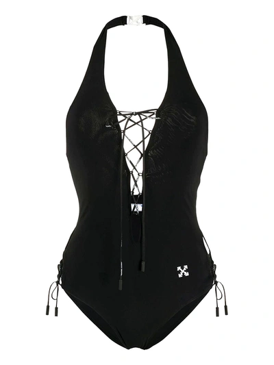 Shop Off-white Front Tie One-piece Swimsuit Black