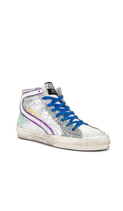 Shop Golden Goose Slide Sneaker In Silver  Green Glitter & White