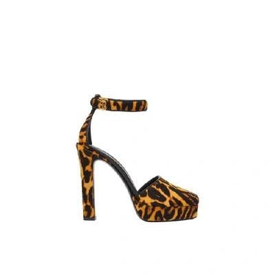 Shop Burberry Leopard Print Calf Hair Peep-toe Sandals In Camel