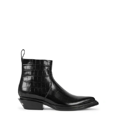 Shop Balenciaga Santiag Crocodile-effect Leather Ankle Boots In Black