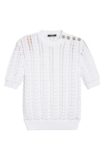 Shop Balmain Button Detail Crochet Sweater In Blanc