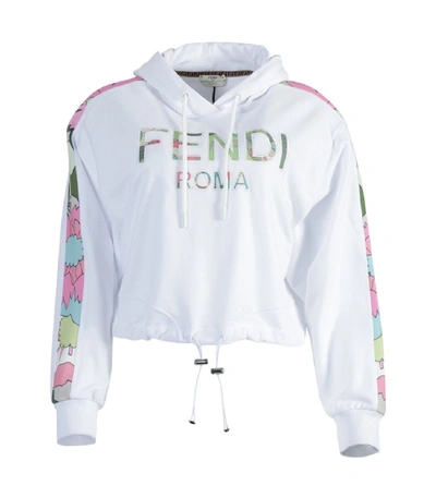 Shop Fendi White Cropped Floral Logo Hoodie