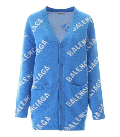 Shop Balenciaga Blue And Ivory Over-sized Wool Logo Cardigan