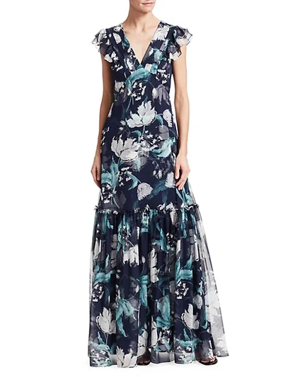 Shop Erdem Franceline Floral Silk Gown In Navy Teal