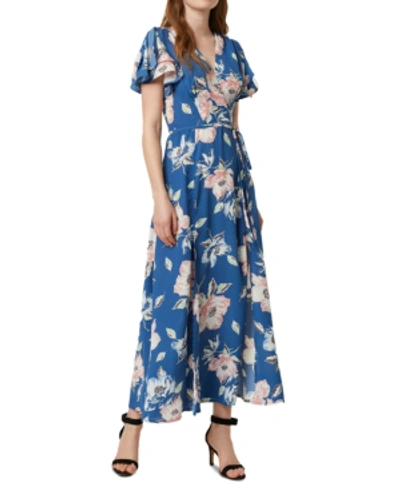 Shop French Connection Cari Flutter-sleeve Maxi Dress In Vintage Blue