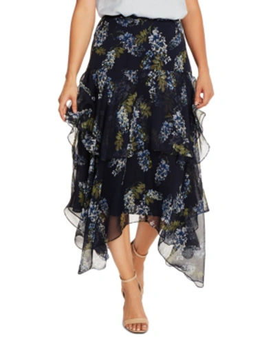 Shop Vince Camuto Petite Floral-print Asymmetrical Skirt In Navy