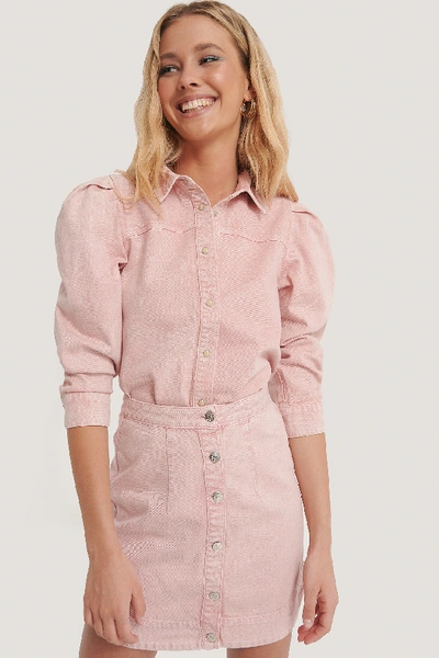 Shop Annais X Na-kd Puff Sleeve Denim Blouse - Pink