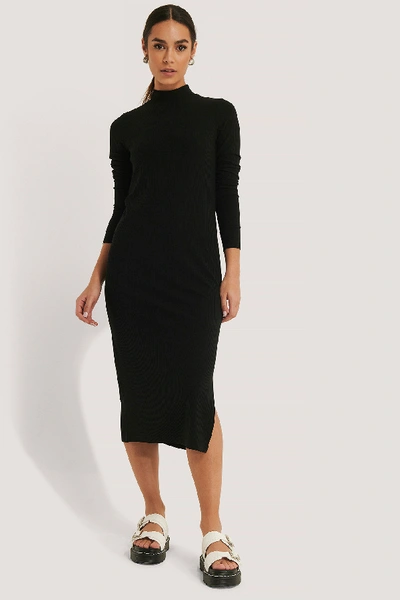 Shop Na-kd Reborn Highneck Ribbed Basic Longsleeve Dress - Black