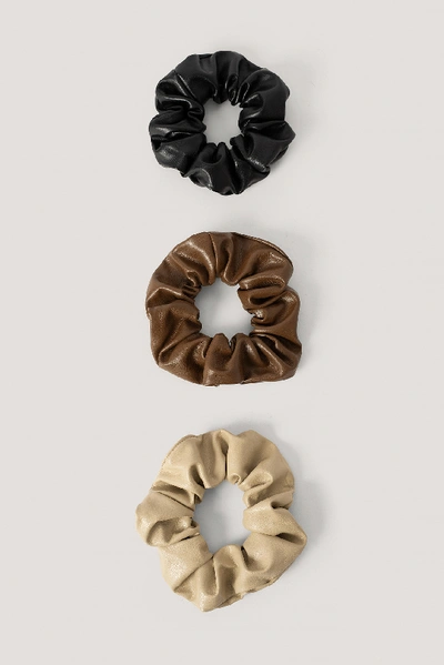 Shop Na-kd Faux Leather Scrunchies 3-pack - Black,brown,beige