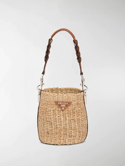 Shop Prada Woven Bucket Bag In Neutrals