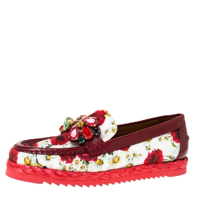 Pre-owned Dolce & Gabbana Red Brocade Fabric Crystal Embellished Loafers Size 36.5