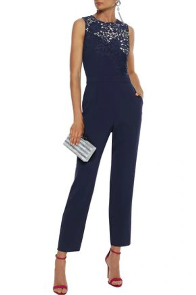 Shop Alice And Olivia Jeri Guipure Lace-paneled Crepe Jumpsuit In Navy