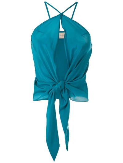 Shop Adriana Degreas Knot Detail Silk Sleeveless Blouse In Blue