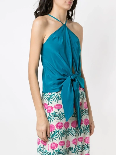 Shop Adriana Degreas Knot Detail Silk Sleeveless Blouse In Blue