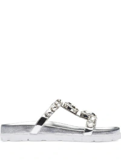 Shop Miu Miu T-bar Crystal-embellished Sandals In Silver