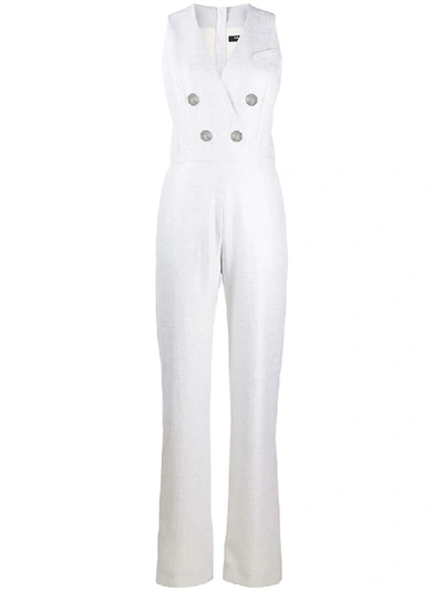 Shop Balmain Double Breasted Sleeveless Lurex Jumpsuit In White