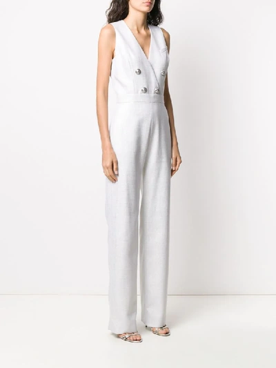 Shop Balmain Double Breasted Sleeveless Lurex Jumpsuit In White