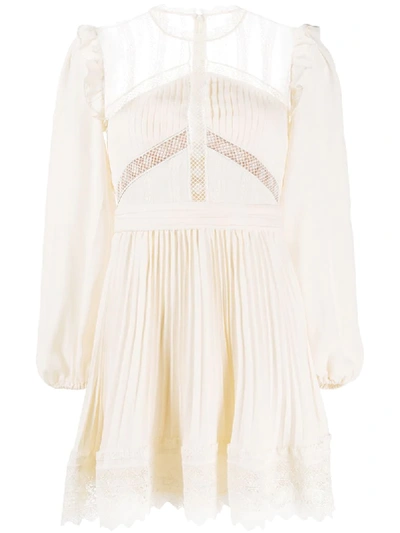 Shop Self-portrait Sheer Panel Pleated Detail Dress In Neutrals