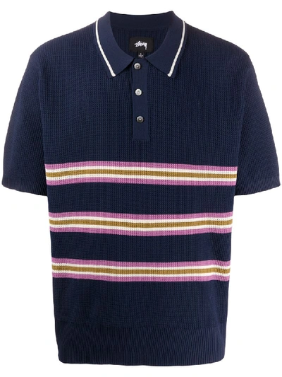 Shop Stussy Striped Knitted Polo Shirt In Blue