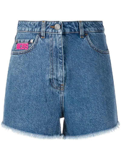 Shop Gcds Frayed Denim Shorts In Blue