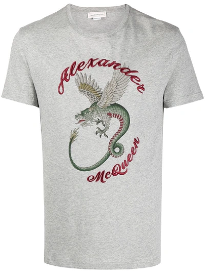 Shop Alexander Mcqueen Embroidered Logo Dragon T-shirt In Grey