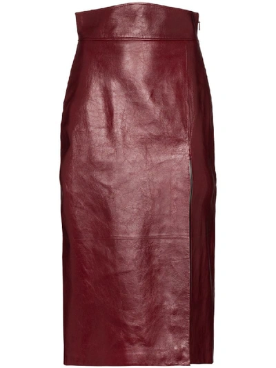 Gucci Front Slit Leather Pencil Skirt In Red | ModeSens