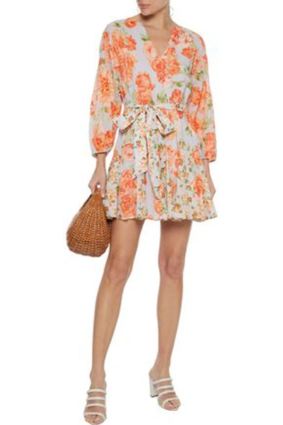 Shop Alice And Olivia Pali Pleated Floral-print Cotton Mini Dress In Bright Orange