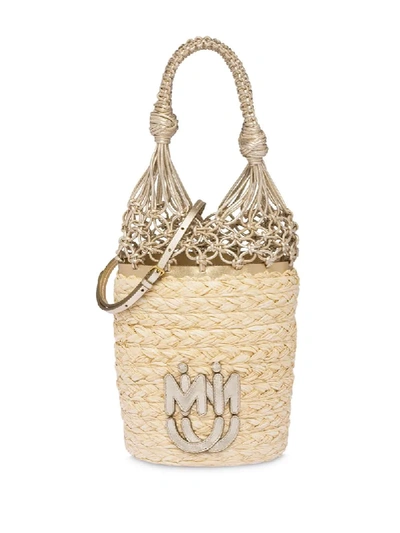 Shop Miu Miu Straw Mesh Bucket Bag In Neutrals