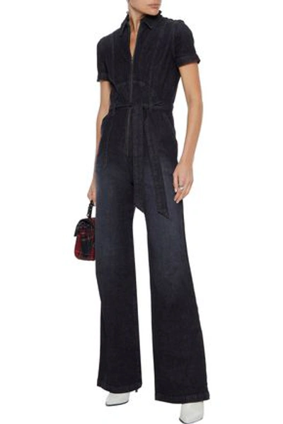 Shop Alice And Olivia Belted Denim Jumpsuit In Charcoal