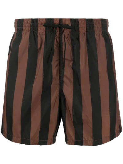Shop Fendi Striped Swim Shorts In Brown