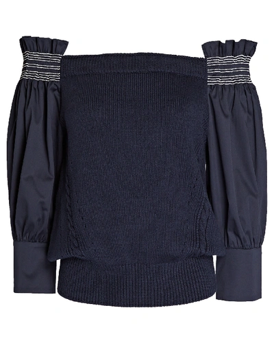 Shop Adeam Smocked Off-the-shoulder Sweater In Navy