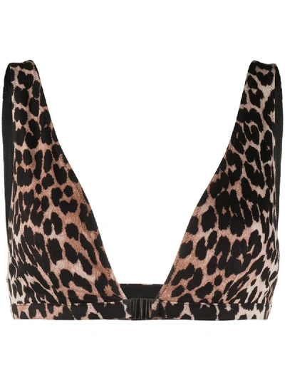 Shop Ganni Leopard Print Bikini Top In Black