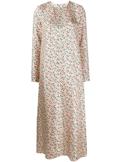 Shop Marni Floral Print Silk Dress In Neutrals