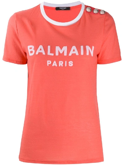 Shop Balmain Buttoned Logo T-shirt In Pink