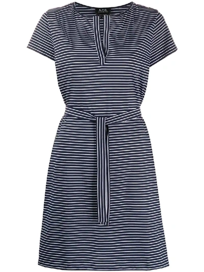 Shop Apc Striped-print Tie-waist Dress In Blue