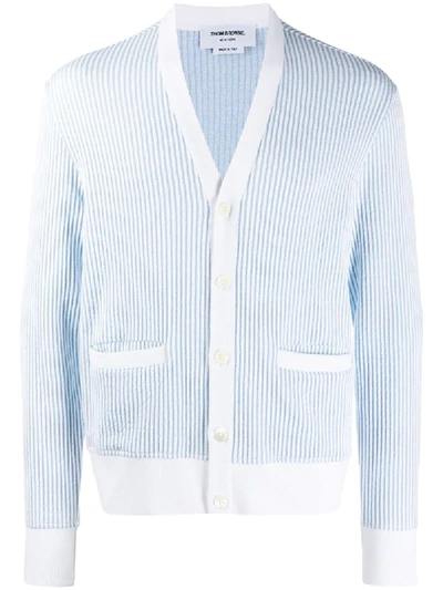 Shop Thom Browne Seersucker V-neck Cardigan In Blue