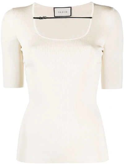 Shop Gucci Buckle-strap Ribbed T-shirt In Neutrals