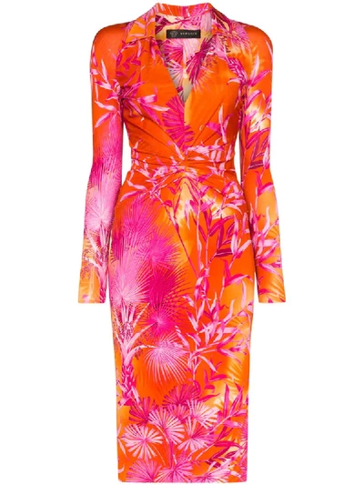 Shop Versace Palm Print V-neck Midi Dress In Red ,purple