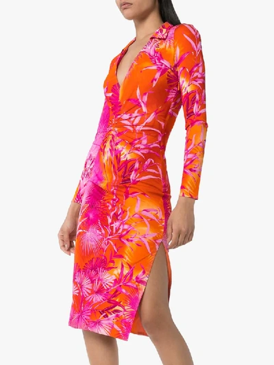 Shop Versace Palm Print V-neck Midi Dress In Red ,purple