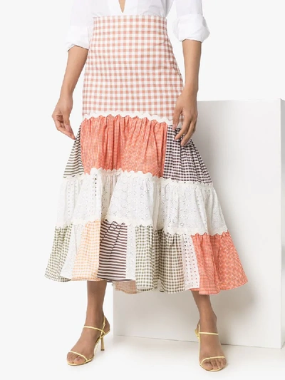 Shop Silvia Tcherassi Petrona Tiered Patchwork Midi Skirt In Orange