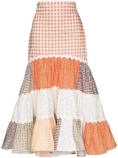 Shop Silvia Tcherassi Petrona Tiered Patchwork Midi Skirt In Orange