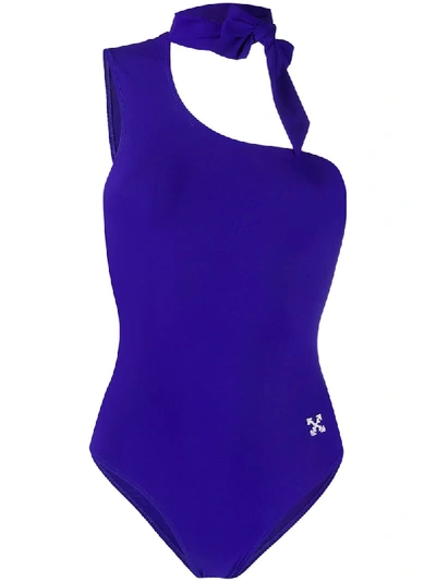 Shop Off-white Asymmetric Tie-neck Swimsuit In Blue