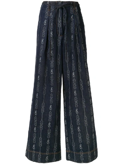 Shop Tory Burch Chain Link-jacquard Wide-leg Jeans In Blue