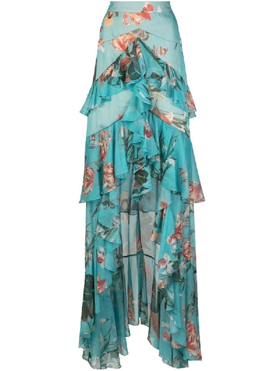 Shop Patbo Long Ruffled Floral Print Skirt In Blue
