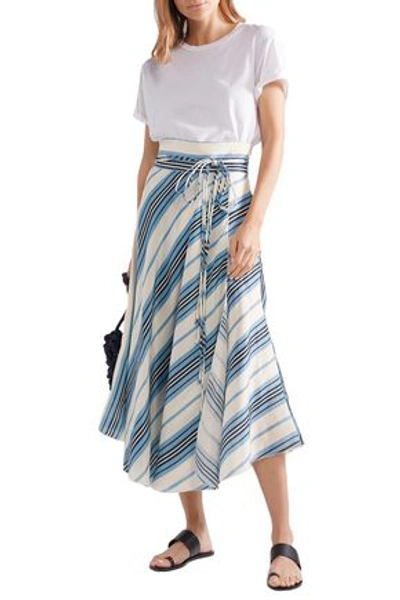 Shop Apiece Apart Rosehip Wrap-effect Striped Linen And Silk-blend Midi Skirt In Light Blue