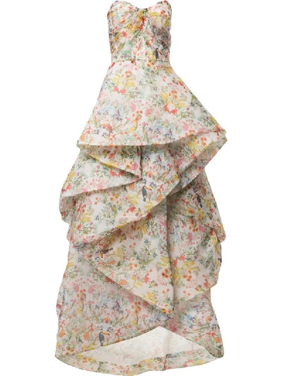 Shop Monique Lhuillier Floral-print Organza Ruffled Gown In Neutrals