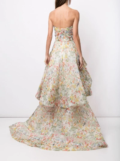 Shop Monique Lhuillier Floral-print Organza Ruffled Gown In Neutrals