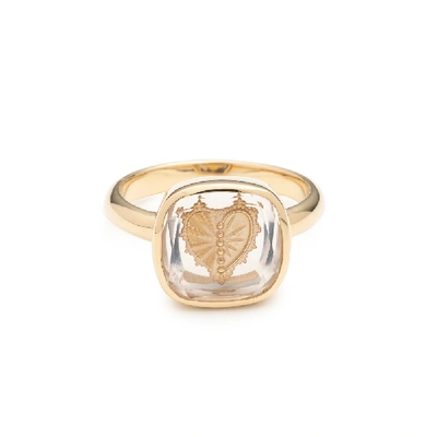 Shop Foundrae Sealed Gemstone Heart Ring In Yellow Gold/clear Quartz